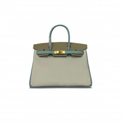 HERMES MASTER BIRKIN 30 MILKSHAKE WHITE HOLY GRAIL BLUE ASPHALT GREY EPSOM LEATHER GOLD BUCKLE 2160500417673 (30*22*16cm)